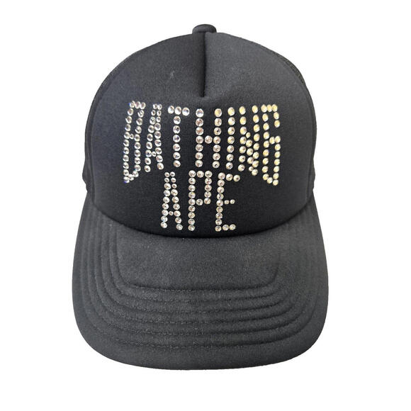 BAPE Swarvoski NYC Logo Crystal Stone Black Mesh Trucker Hat Cap Adjustable RARE - Picture 1 of 10